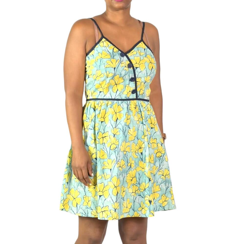 Retrolicious Floral Dress Retro Vintage Green Yellow Quirky Sundress Size Medium